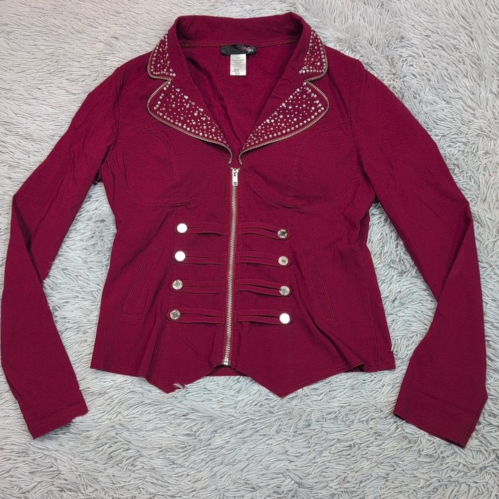Oh Yes Shirt Womens 1X Red Top Studded Sparkly Lightweight Zip Up Stretch